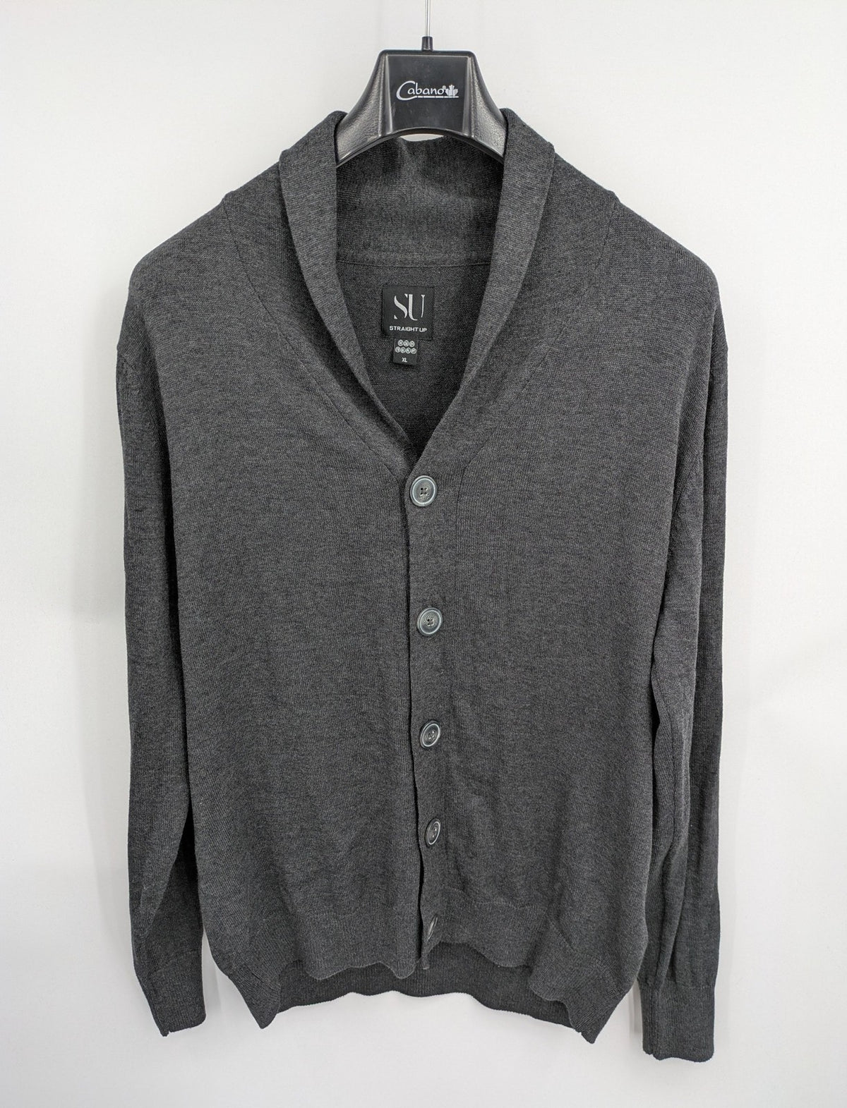 Straight Up grey cardigan with shawl collar, button front, soft cotton-acrylic blend.