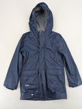 Pocopiano navy raincoat with striped lining and waterproof exterior, classic fisherman style.