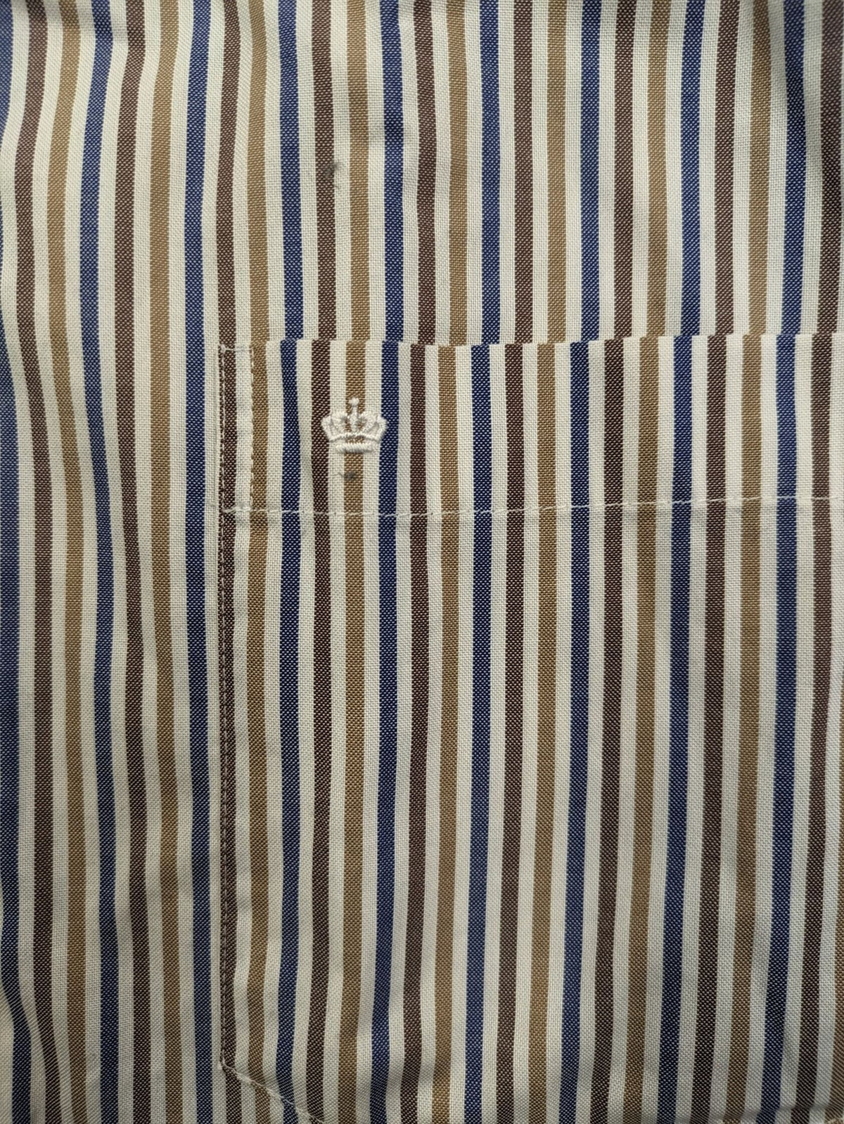 Seidensticker beige button-up shirt vertical striped pattern blue and brown, cotton material.