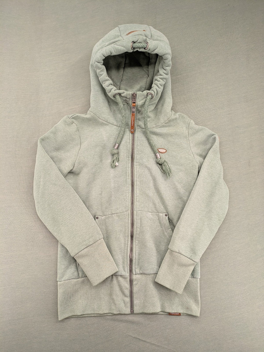 Ragwear grey hoodie jacket with high collar, thick drawstrings, and vegan materials.