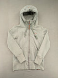 Ragwear grey hoodie jacket with high collar, thick drawstrings, and vegan materials.