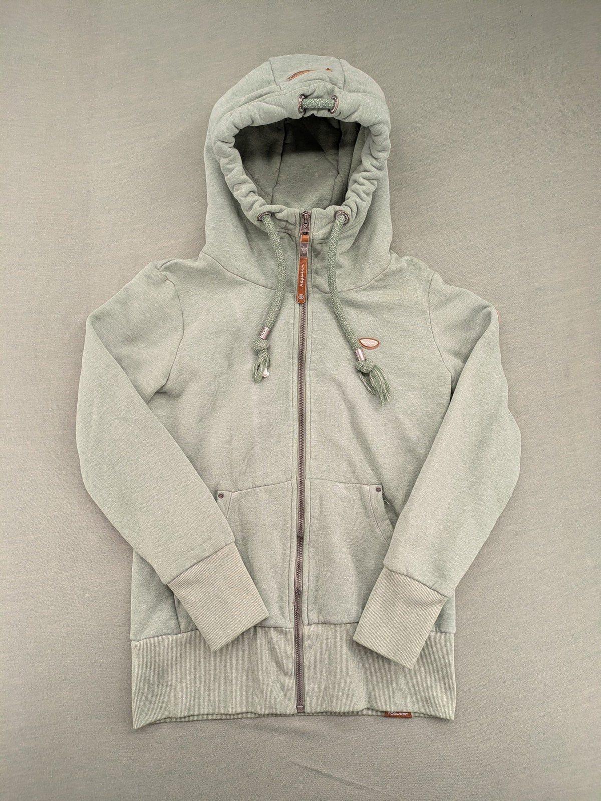 Ragwear grey hoodie jacket with high collar, thick drawstrings, and vegan materials.