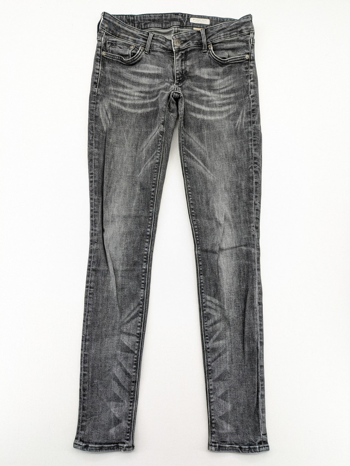 H&M grey skinny jeans with low rise, classic 5-pocket style, and washed denim finish.