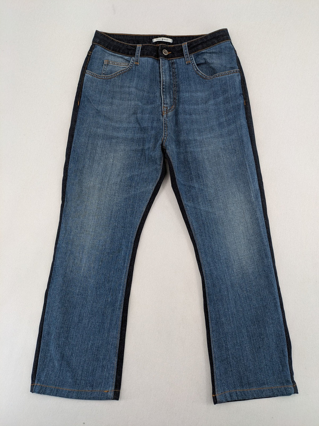 Funky Staff two-tone straight jeans black and blue, colorblock design, embroidered logo on back pocket.