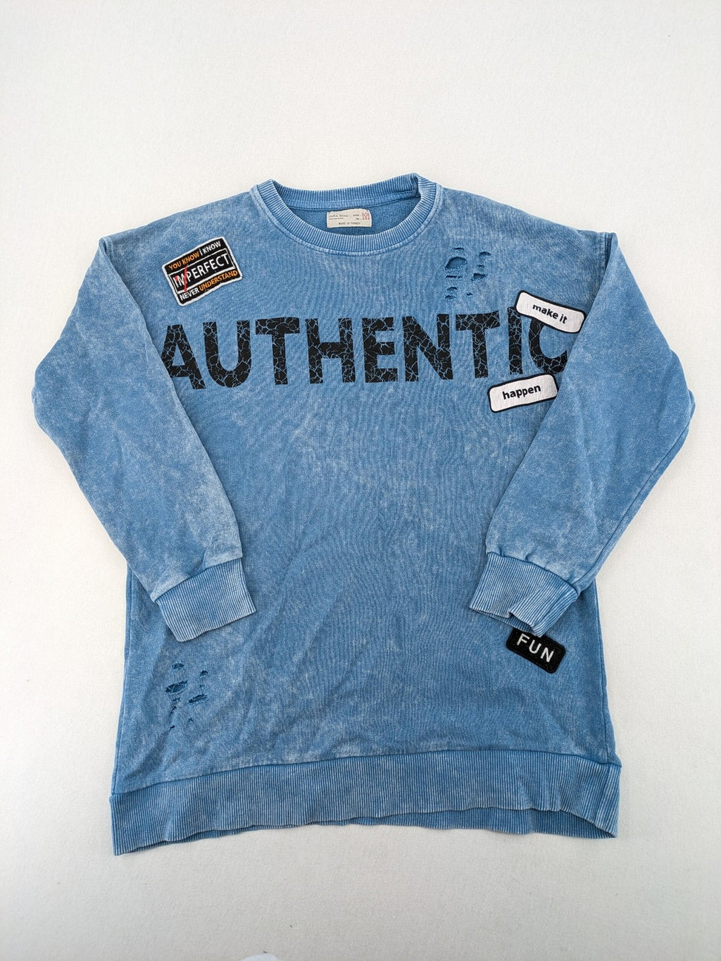 Zara turtle neck jumper blue distressed with graphic prints and patches, size 152.