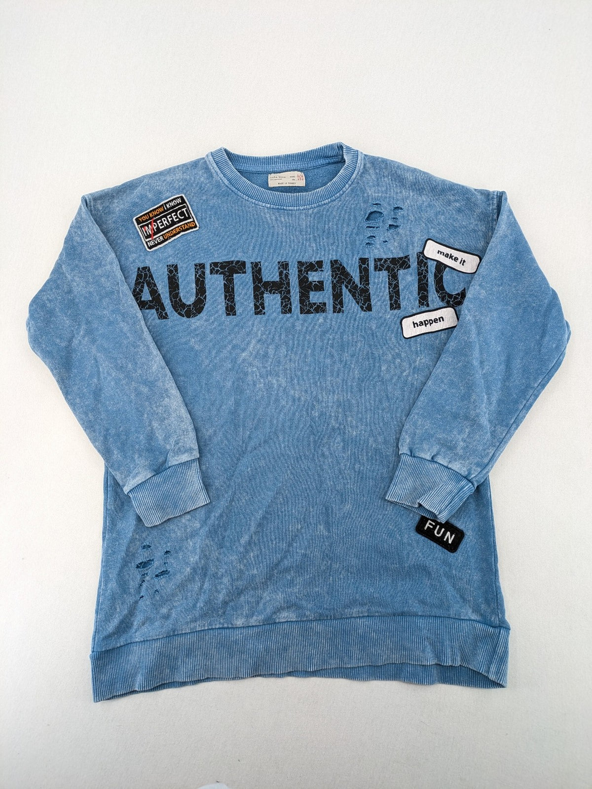 Zara turtle neck jumper blue distressed with graphic prints and patches, size 152.