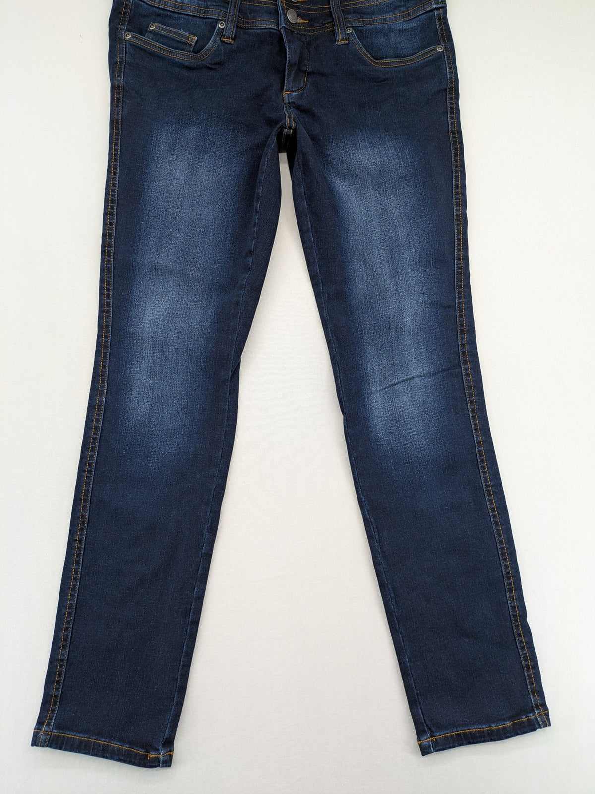 john baner blue high rise skinny jeans three-button fly subtle fading stretch denim