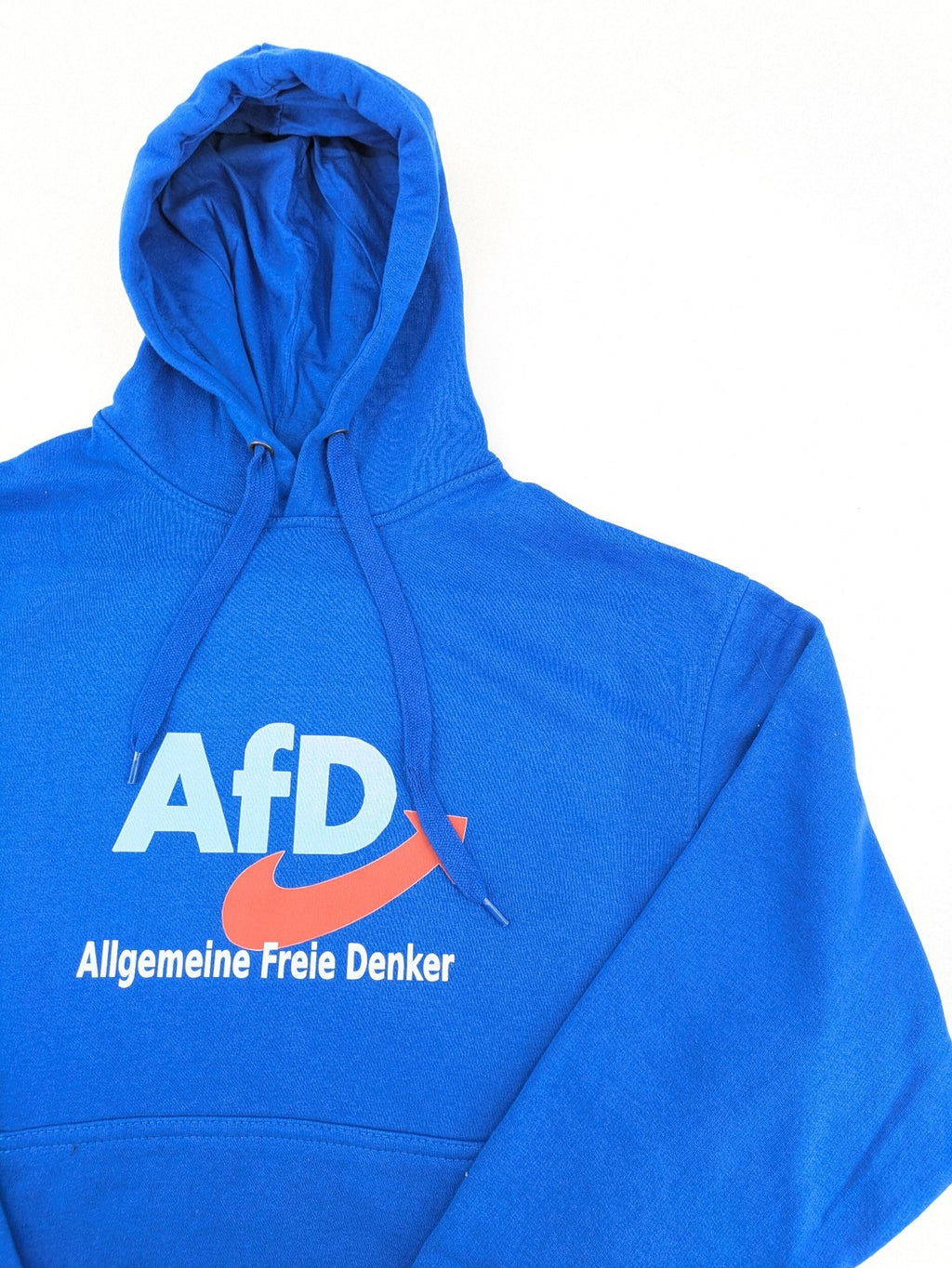 AFD blue pullover hoodie with "AfD Allgemeine Freie Denker" graphic print and kangaroo pocket.