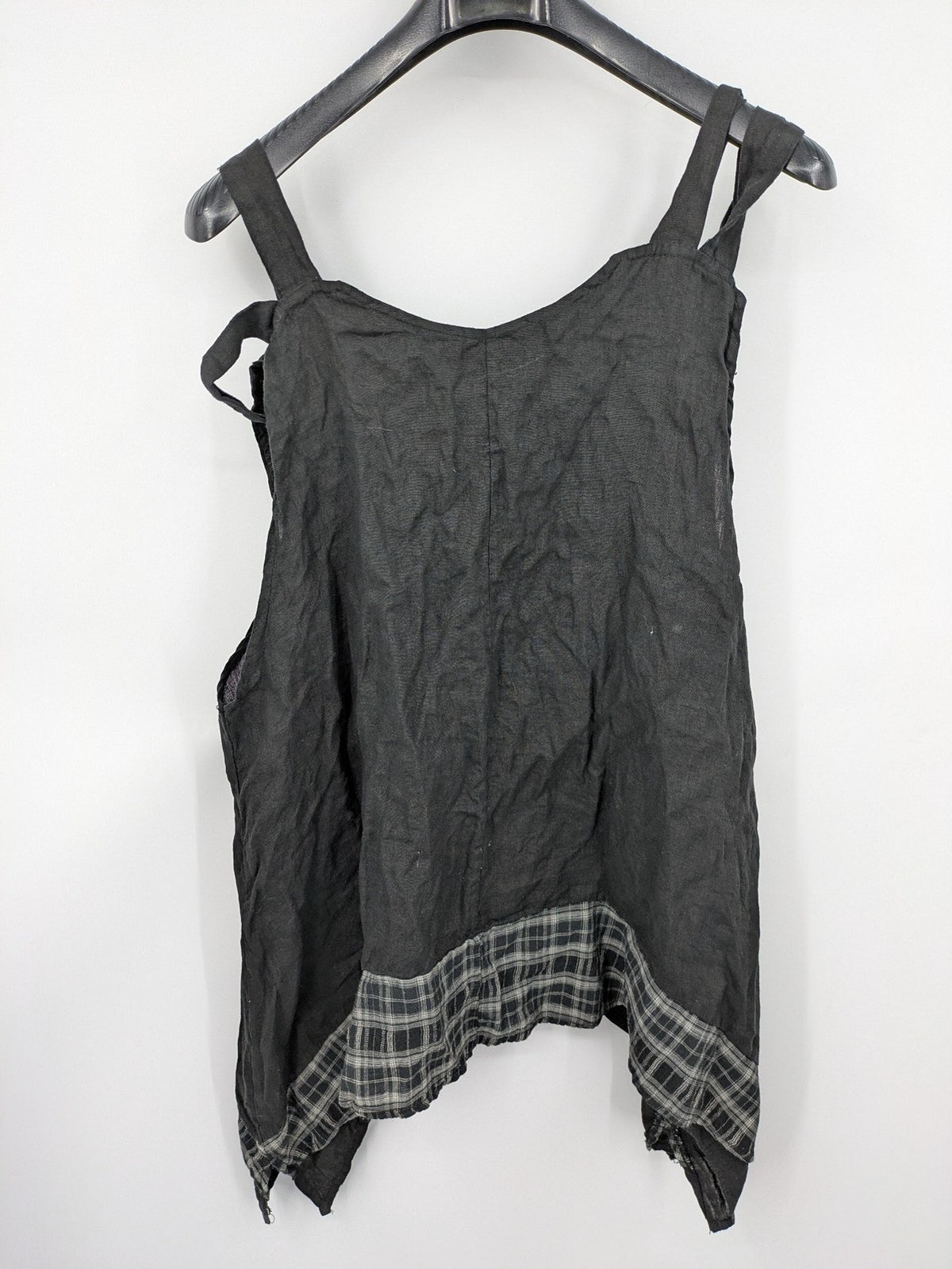 Lagenlook black linen bridal party dress asymmetrical cut with checkered hem and diagonal zipper.