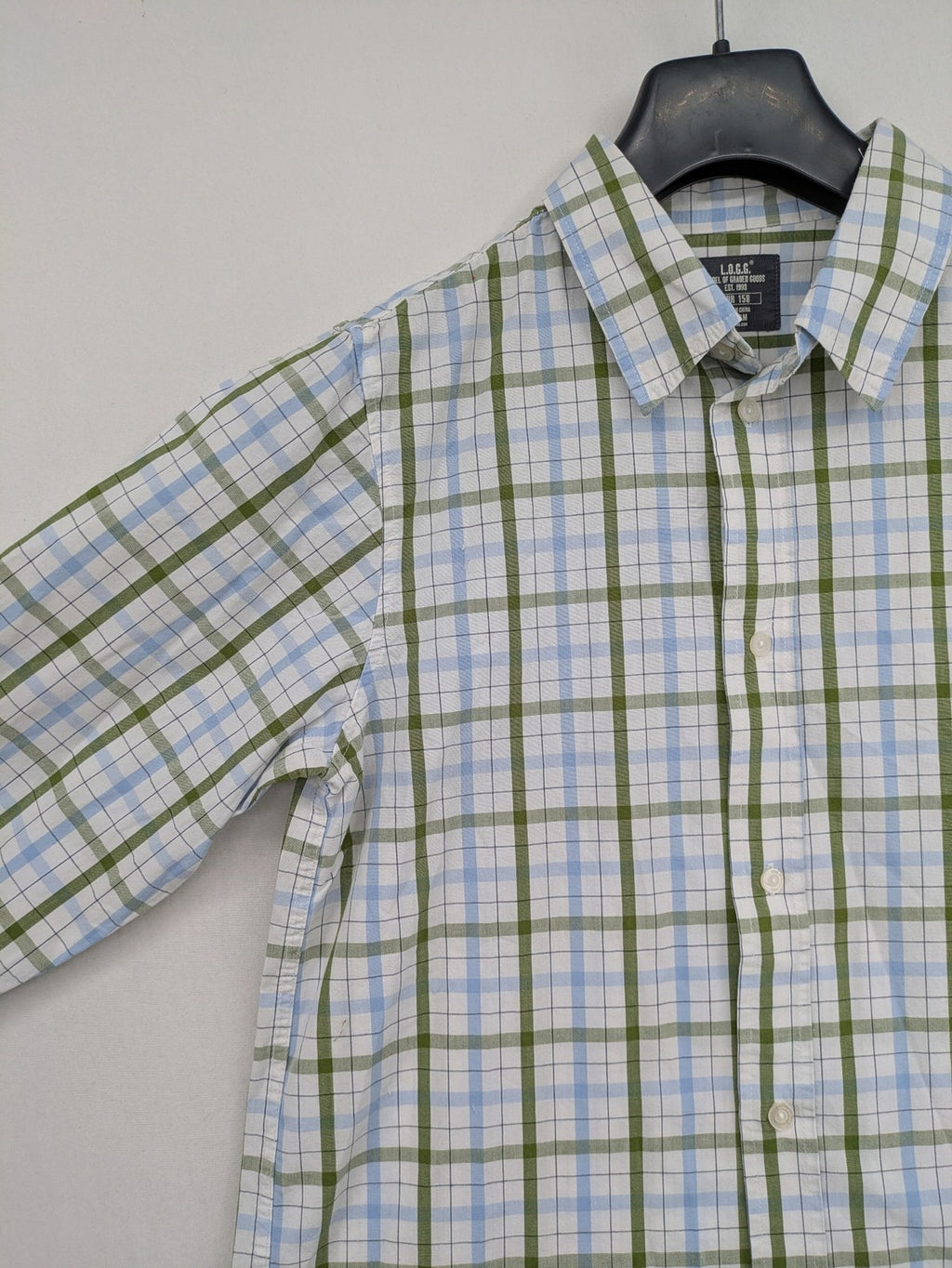 L.O.G.G green, blue, and white checked long-sleeve shirt with button placket and Kent collar.
