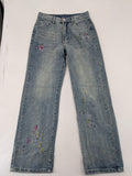 Straight Leg blue straight jeans high waist with colorful embroidered splashes