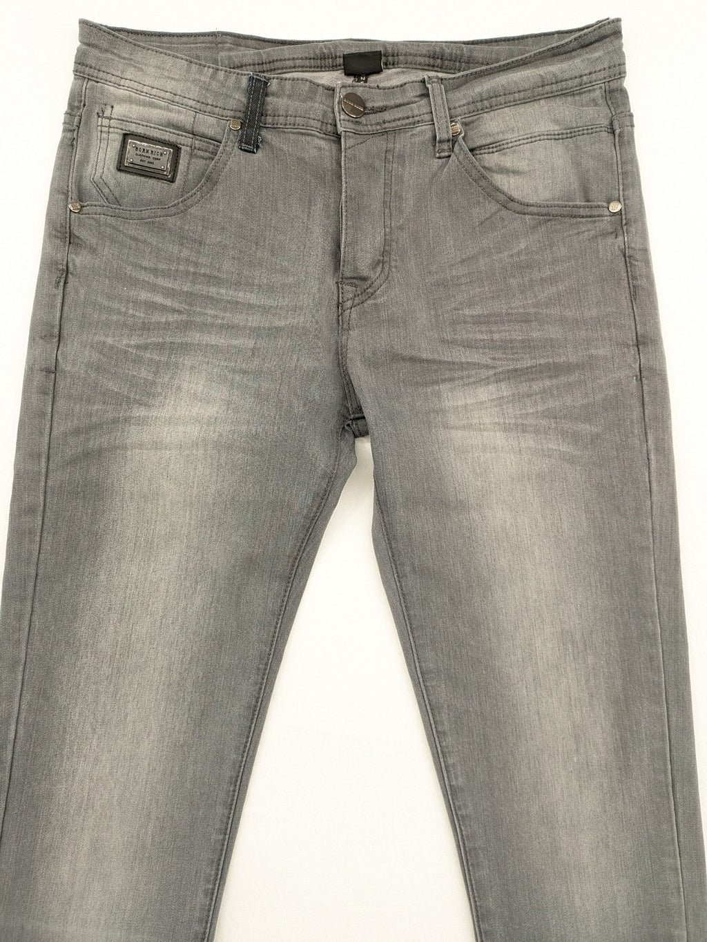 Born Rich grey slim fit jeans with button fly and washed denim texture.