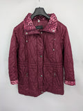 Laura Kent burgundy puffer coat with leopard print collar and cuffs, 100% polyester.