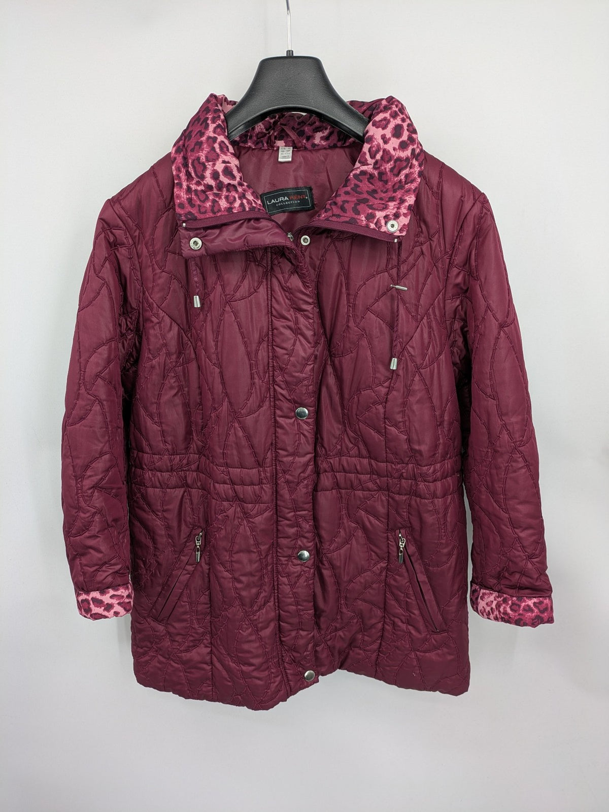 Laura Kent burgundy puffer coat with leopard print collar and cuffs, 100% polyester.