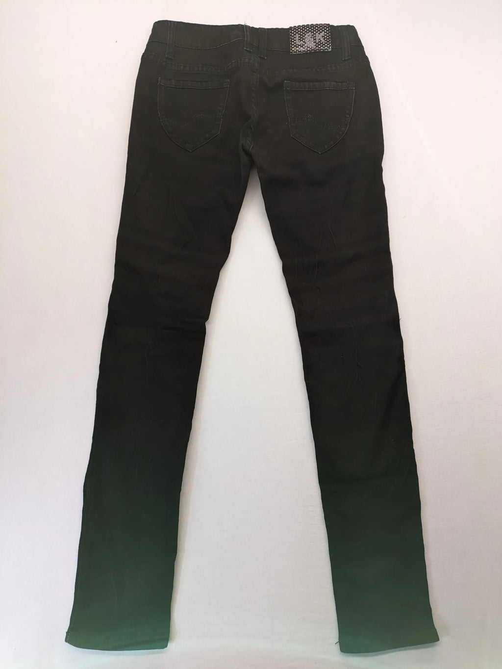L & K Kaha black straight jeans with rhinestone logo patch and classic 5-pocket design.