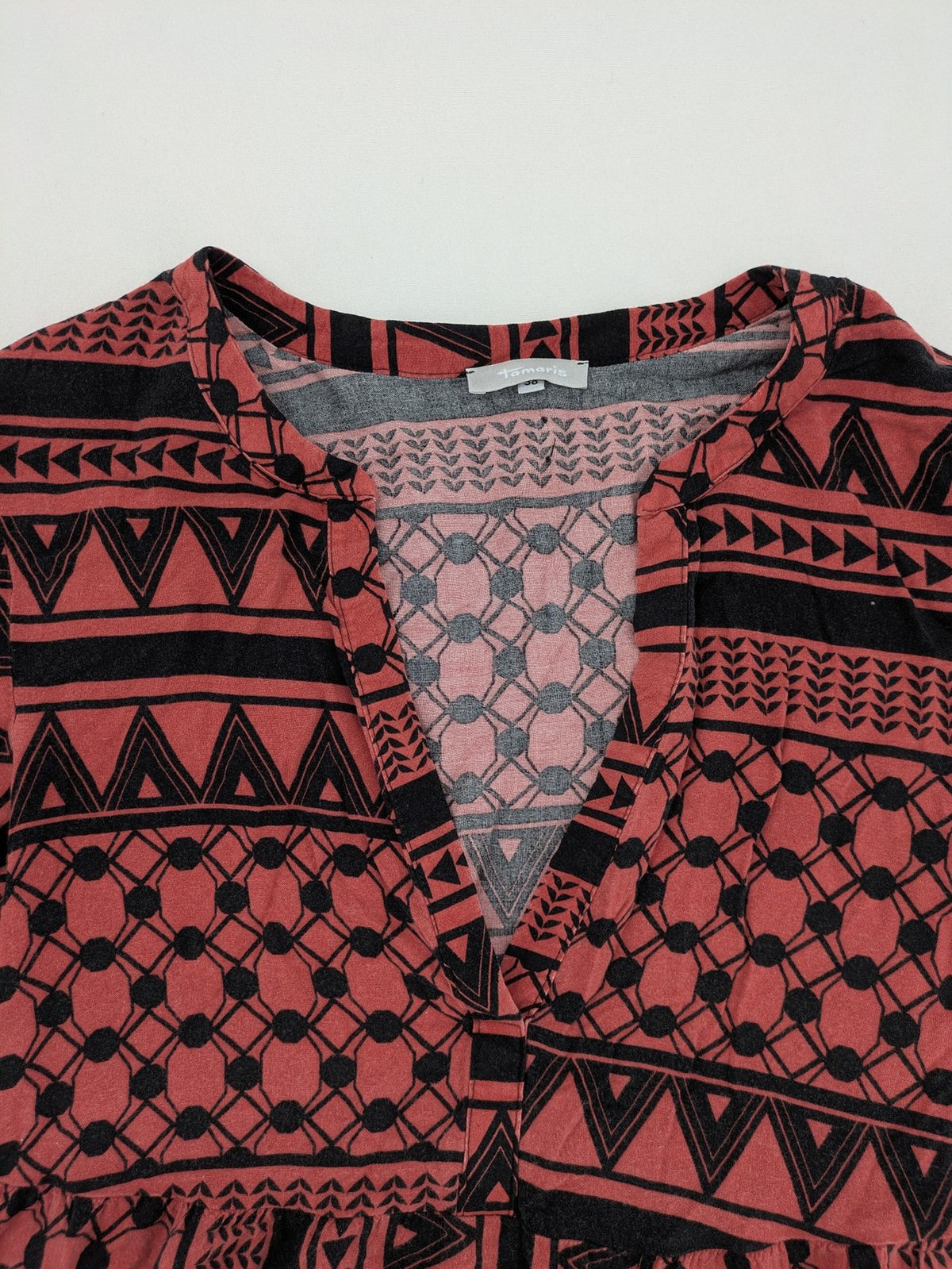 Tamaris boho tunic dress black red geometric pattern V-neck 3/4 bell sleeves
