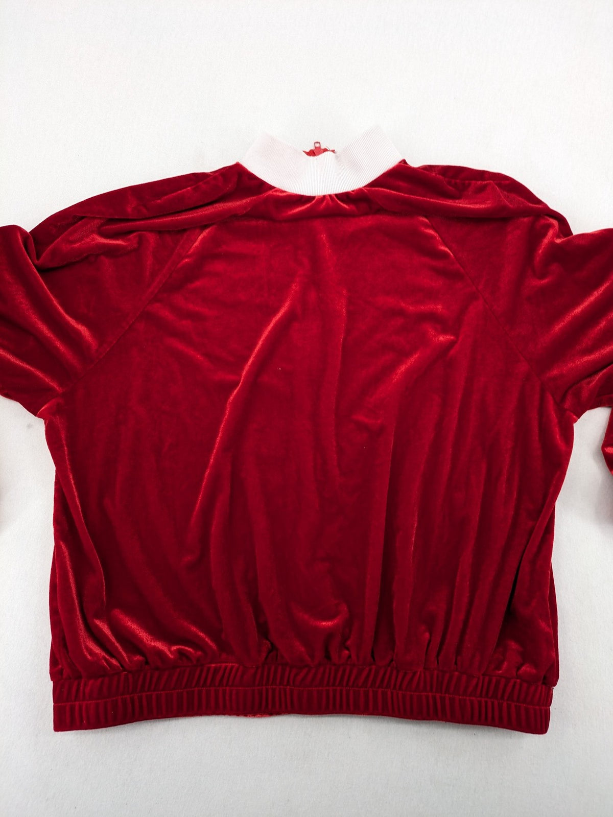 SHEIN red loungewear set velvet fabric with white collar and "Collision 18" graphic.