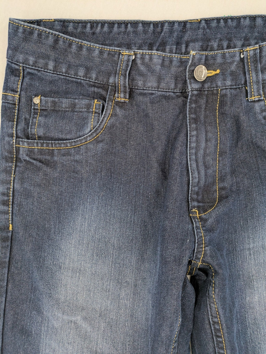 C&A blue straight leg jeans with classic 5-pocket design and faded wash details.
