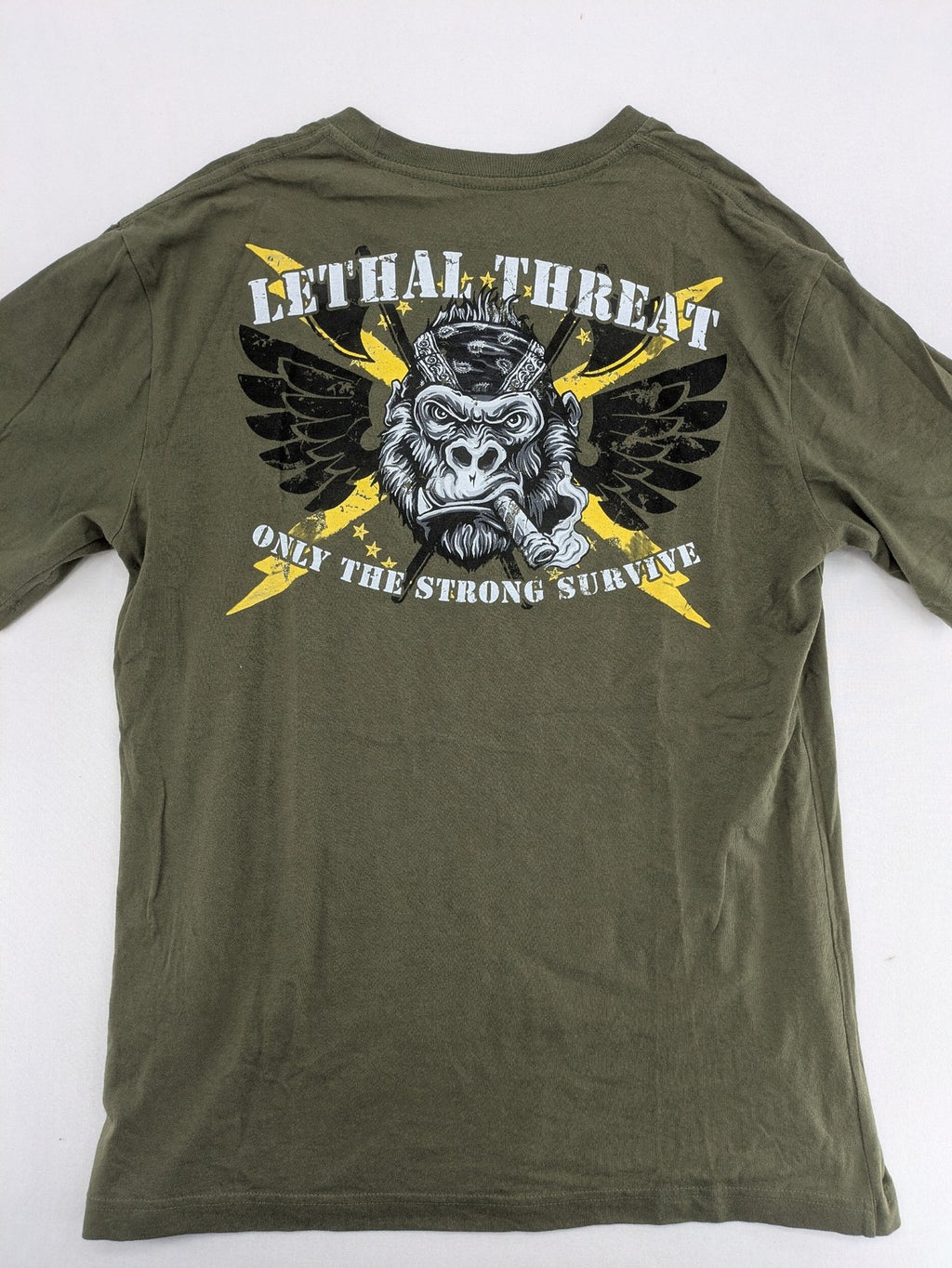 Lethal Threat multi band t-shirt featuring biker gorilla graphic and winged design.