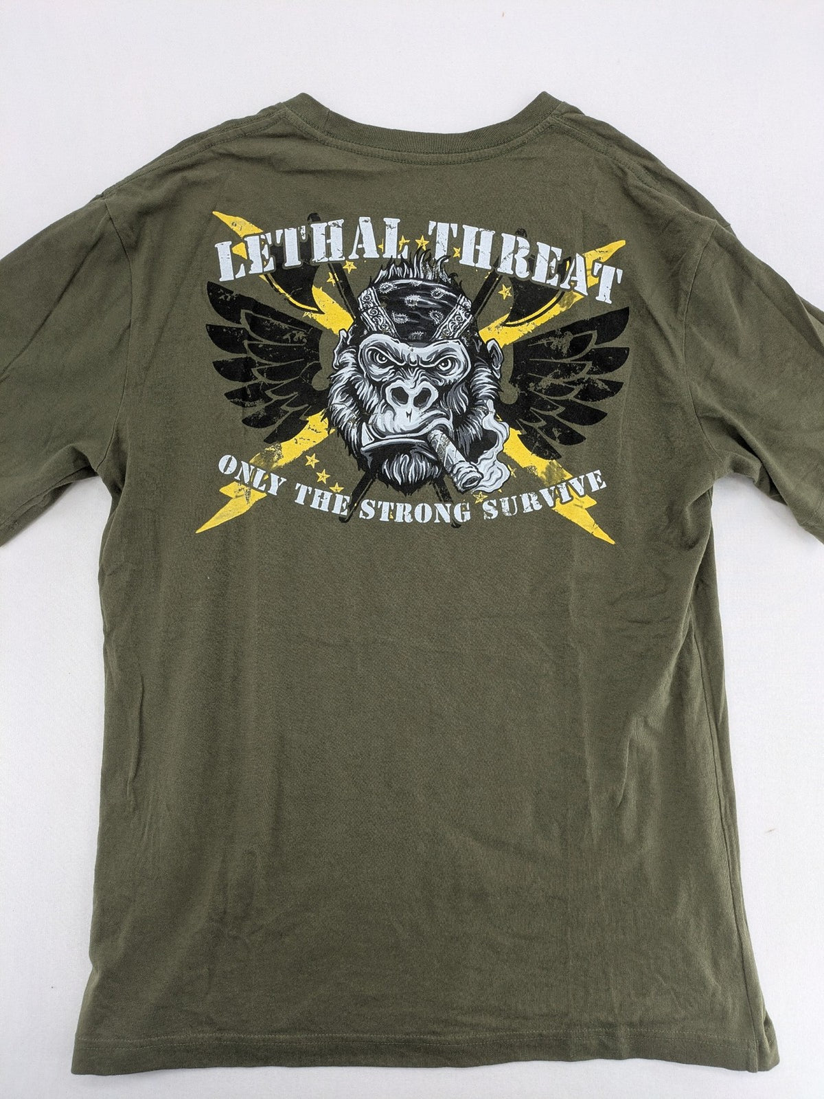 Lethal Threat multi band t-shirt featuring biker gorilla graphic and winged design.