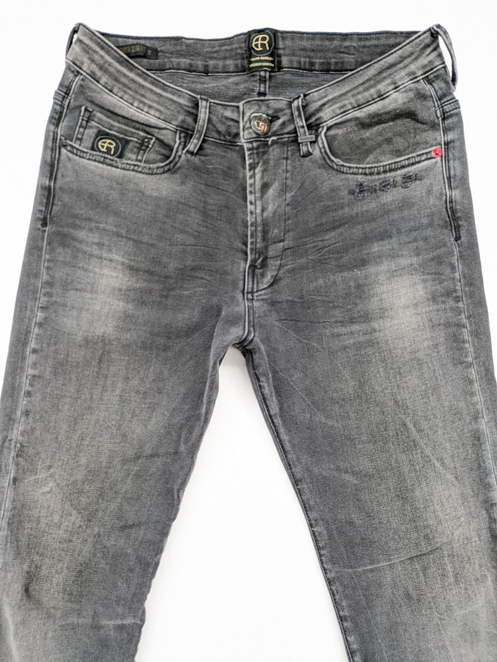 Elias Rumelis grey super slim fit jeans with stitched logo and subtle used look.