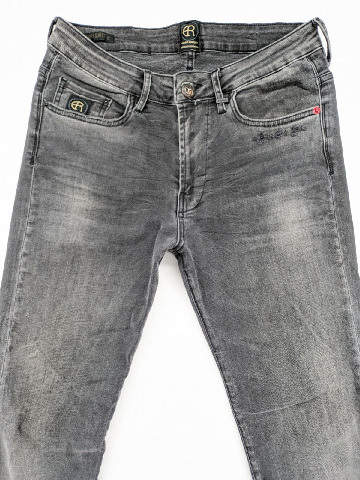 Elias Rumelis grey super slim fit jeans with stitched logo and subtle used look.