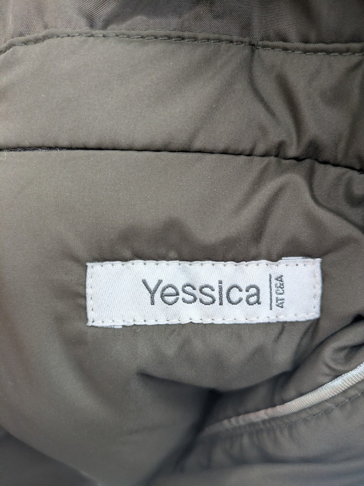 Yessica khaki puffer coat long quilted design with belt, zip pockets, and hood.