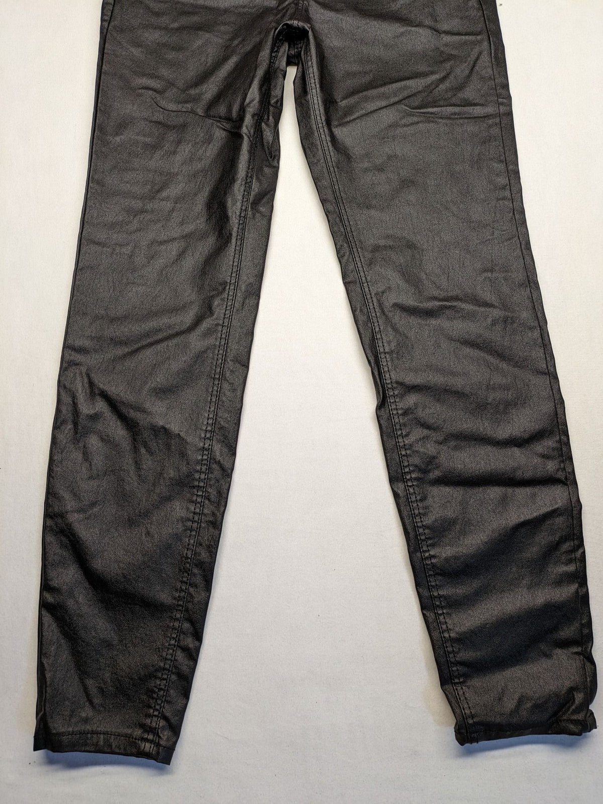 Stradivarius black coated straight jeans with leather-like finish and stretchy material.