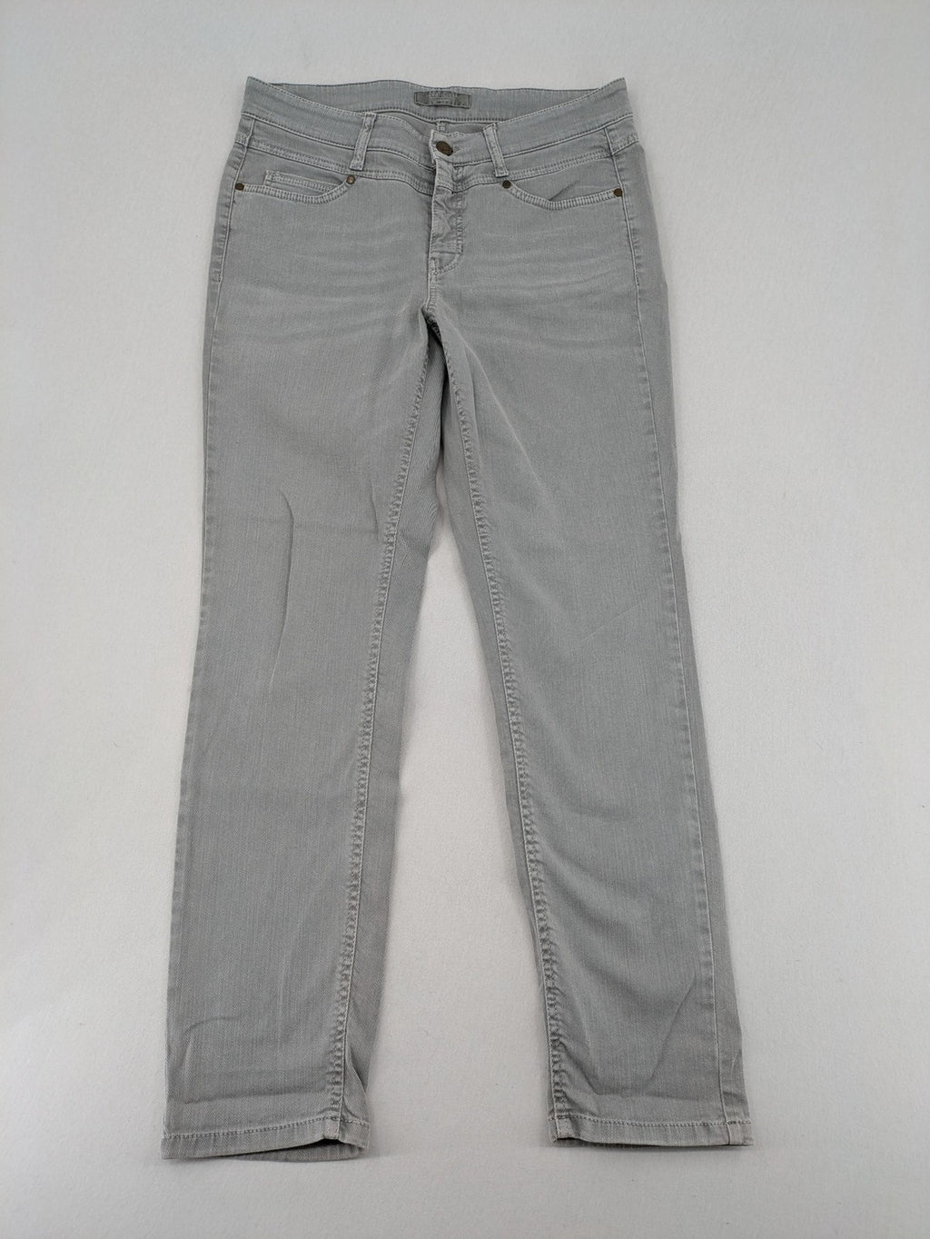 Cambio grey straight leg jeans with five-pocket design and logo button closure.