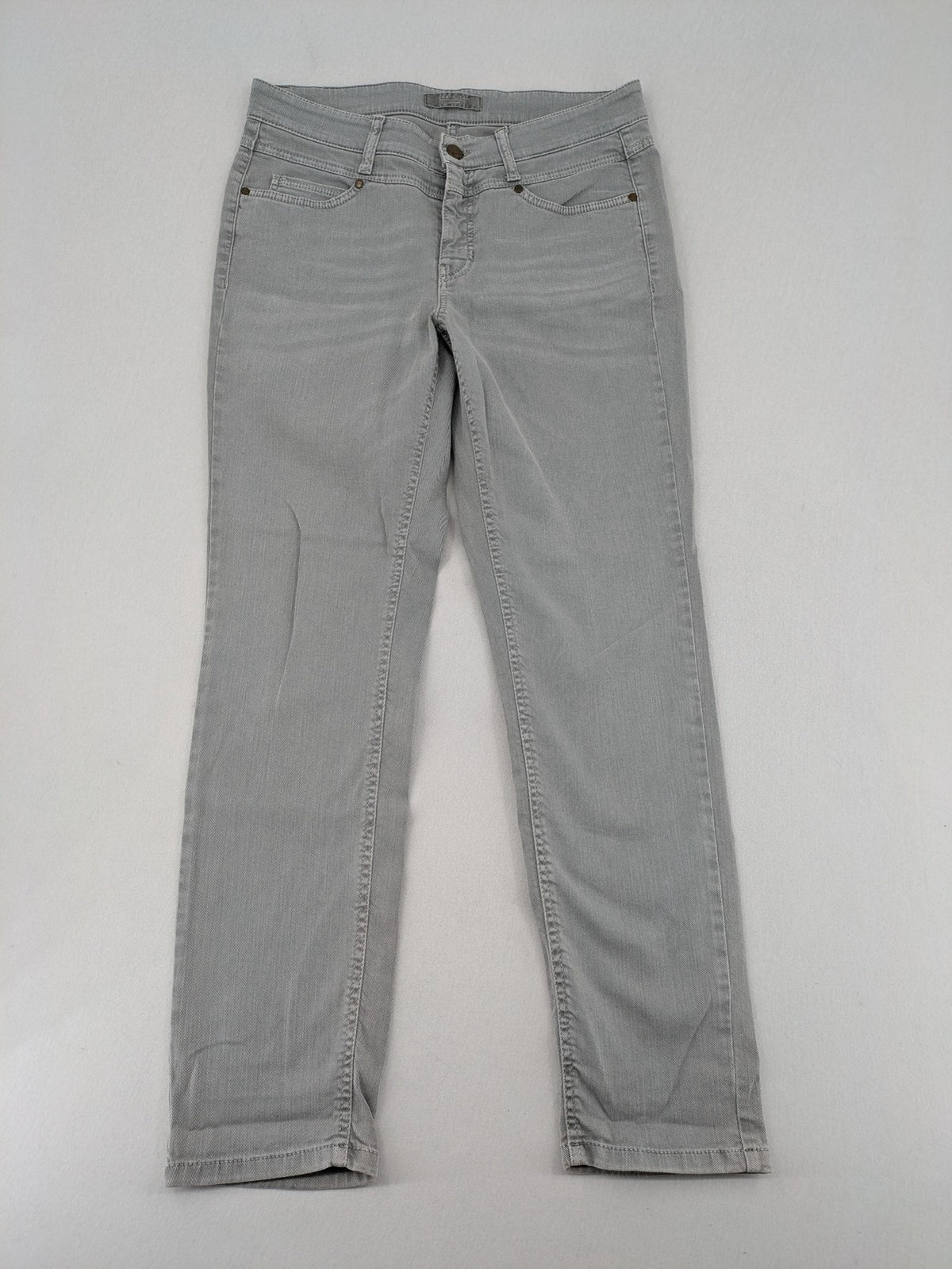Cambio grey straight leg jeans with five-pocket design and logo button closure.