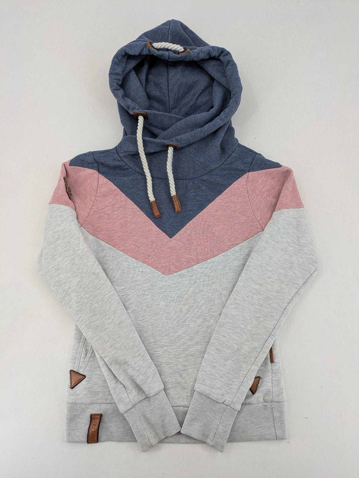 Naketano multi turtle neck jumper colorblock design in blue, pink, and grey.