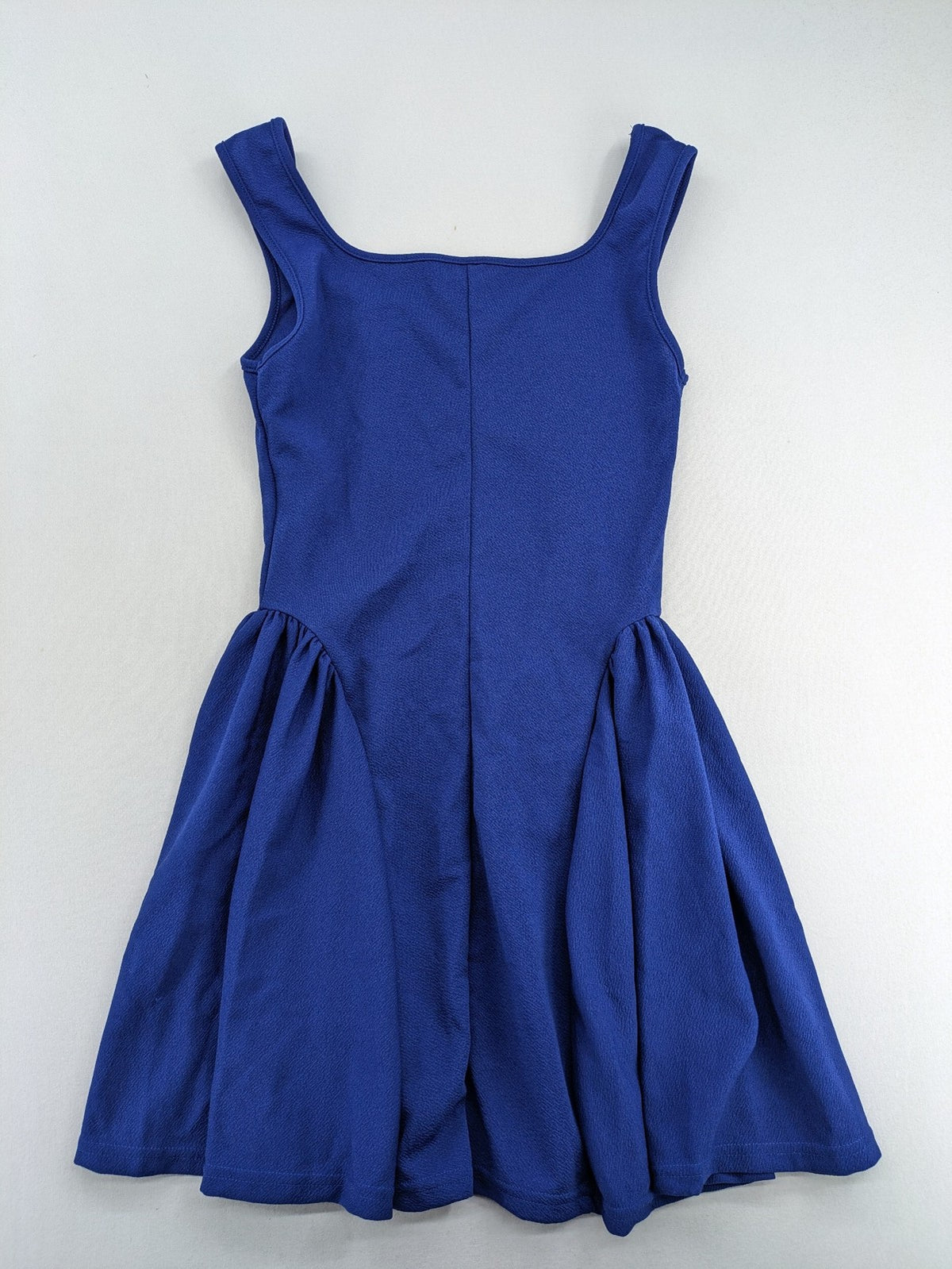 SHEIN blue skater dress A-line fit and flare, square neckline, sleeveless, textured fabric.