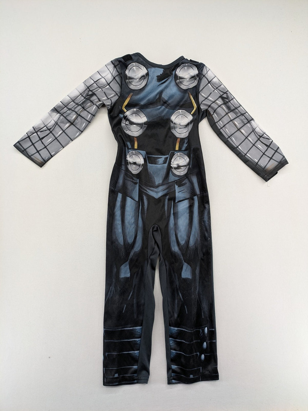 Marvel Avengers boys' costume black blue grey jumpsuit with Thor design and logo.