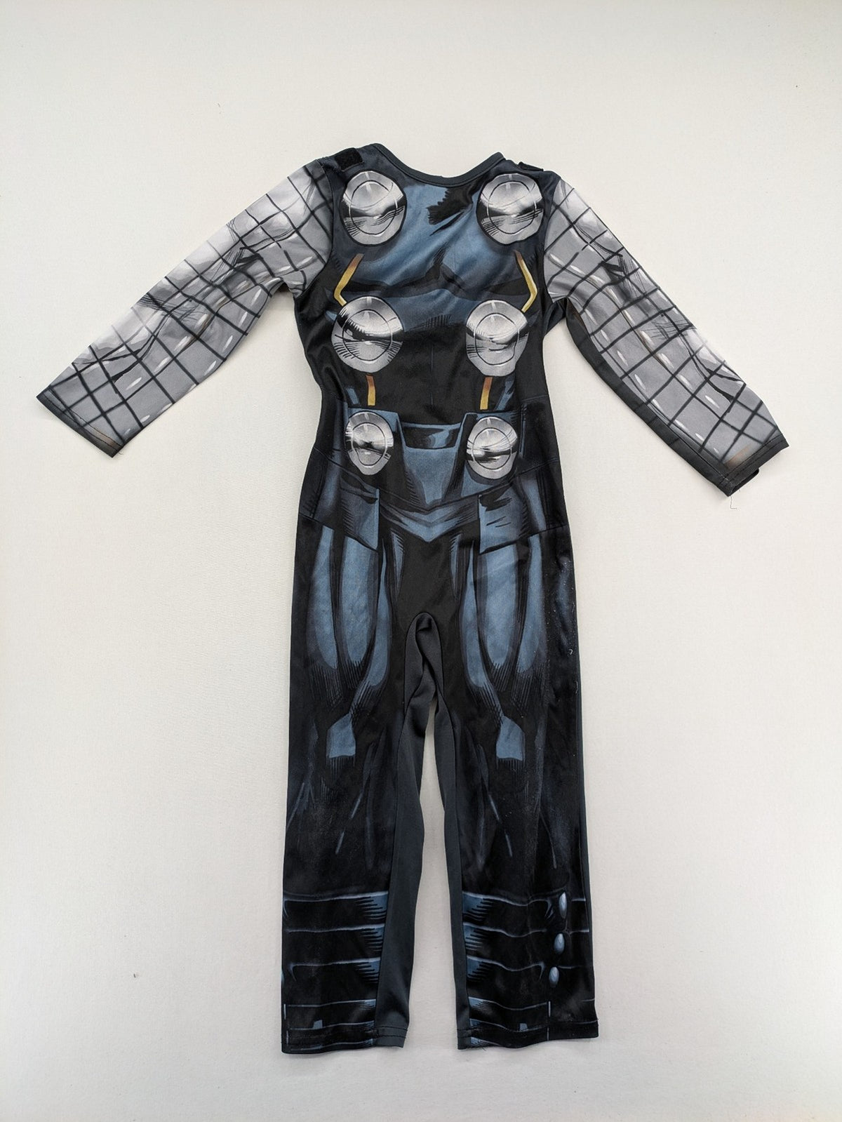 Marvel Avengers boys' costume black blue grey jumpsuit with Thor design and logo.