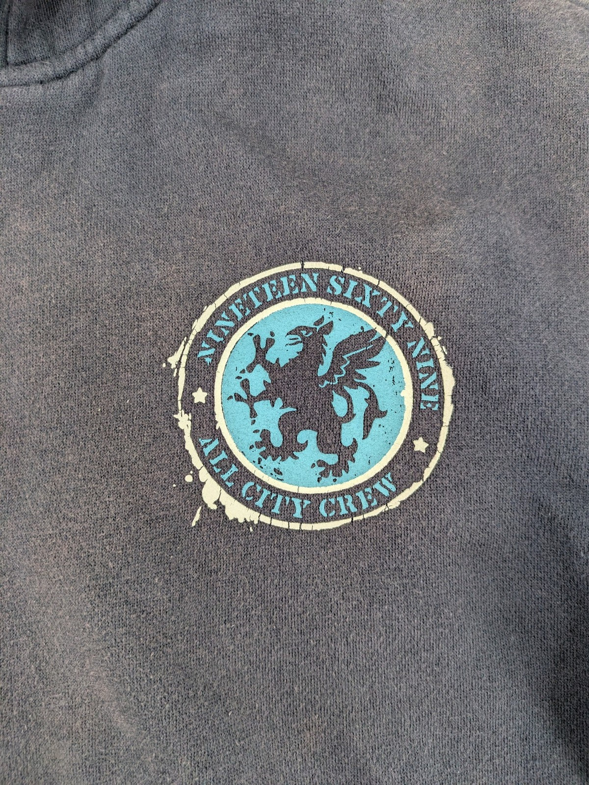 Gap Kids blue and grey zip-up hoodie with "All City Crew" logo and Sherpa lining.