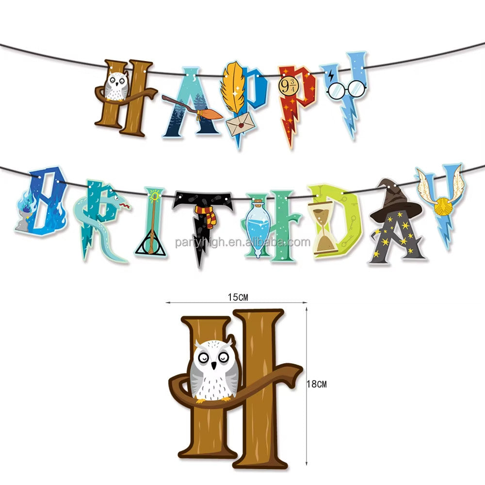 XXL Harry Potter birthday decoration set red and yellow with wizard-themed balloons and banner.