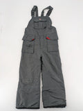 H&M grey snow pants with red accents, adjustable straps, and multiple cargo pockets.