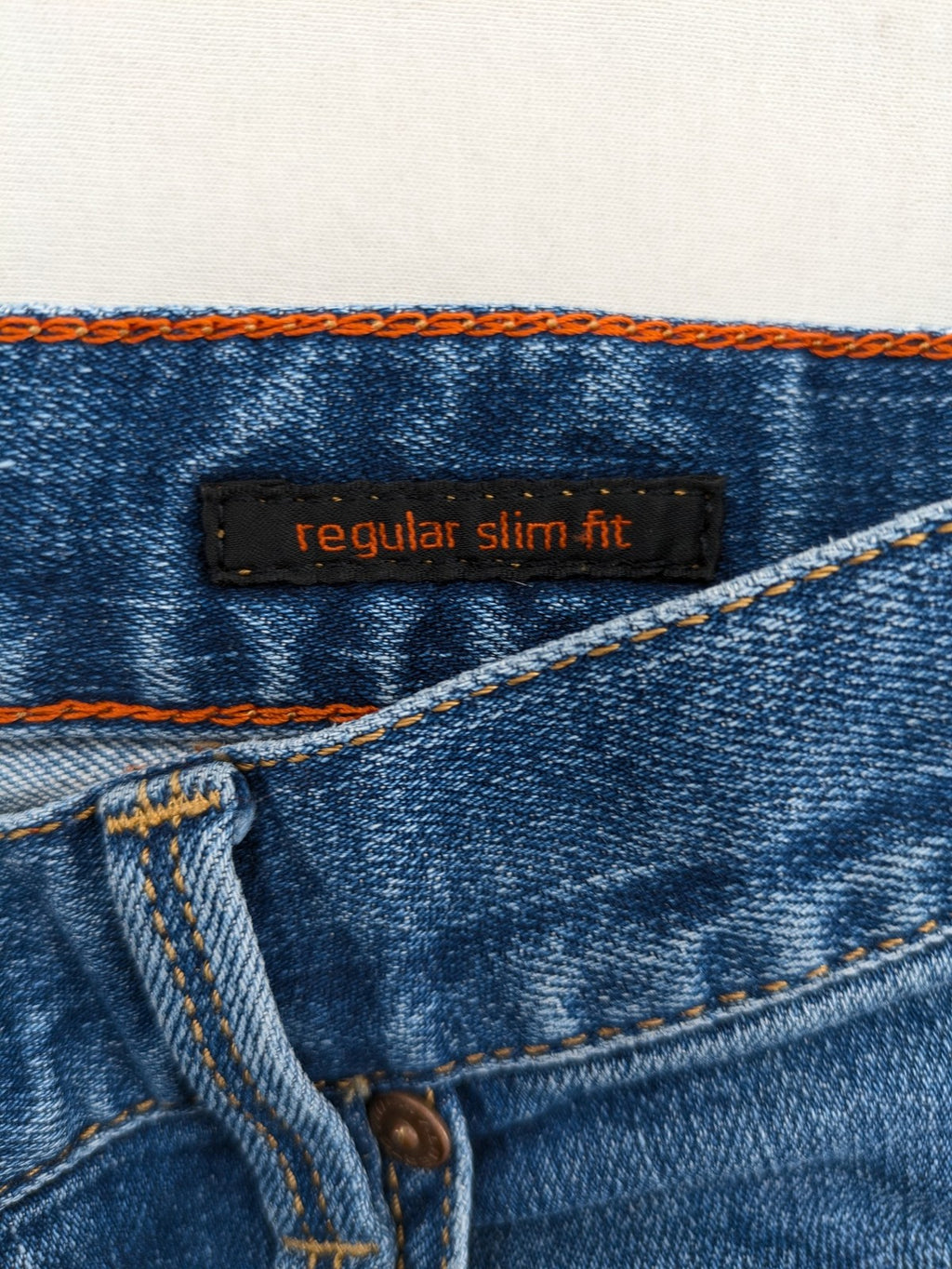 ALBERTO blue straight jeans with orange stitching, vintage denim, regular slim fit.