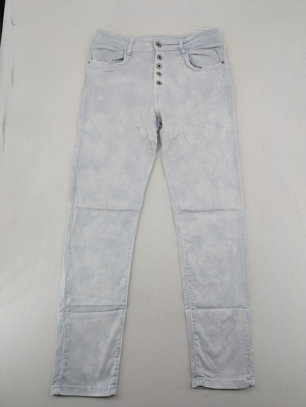 Yelly&Co blue and white batik pants with button fly, made from soft stretch fabric.