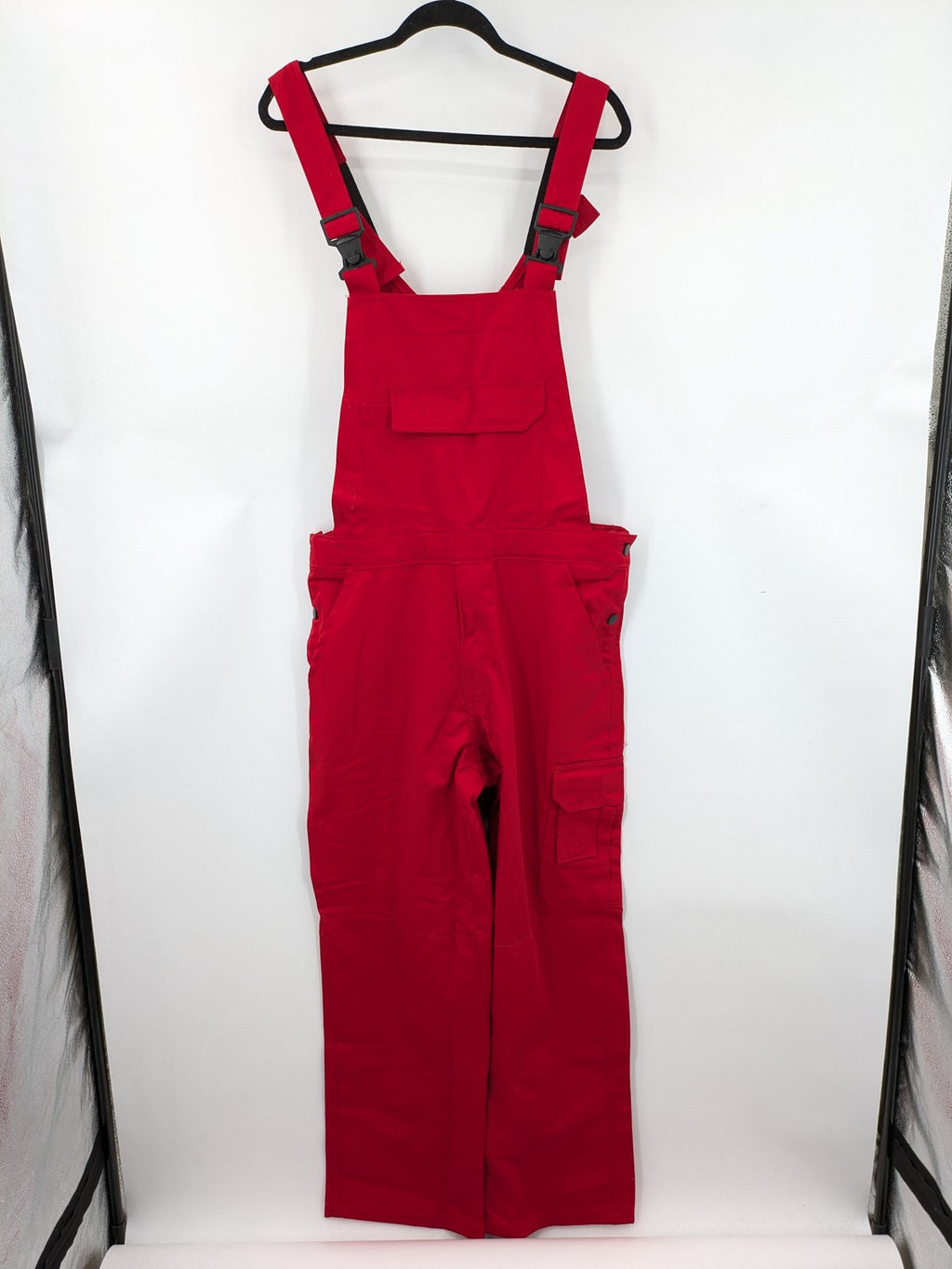 Stonekit red work overalls cotton with adjustable straps and multiple cargo pockets.