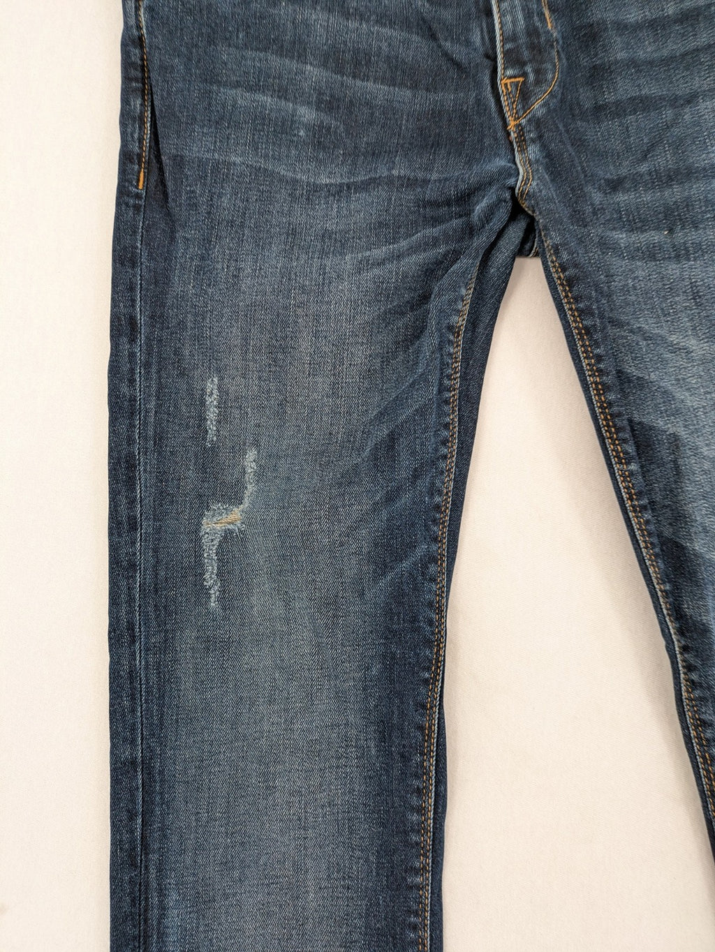 Lufian blue straight jeans dark wash distressed 5-pocket style with stretch denim.