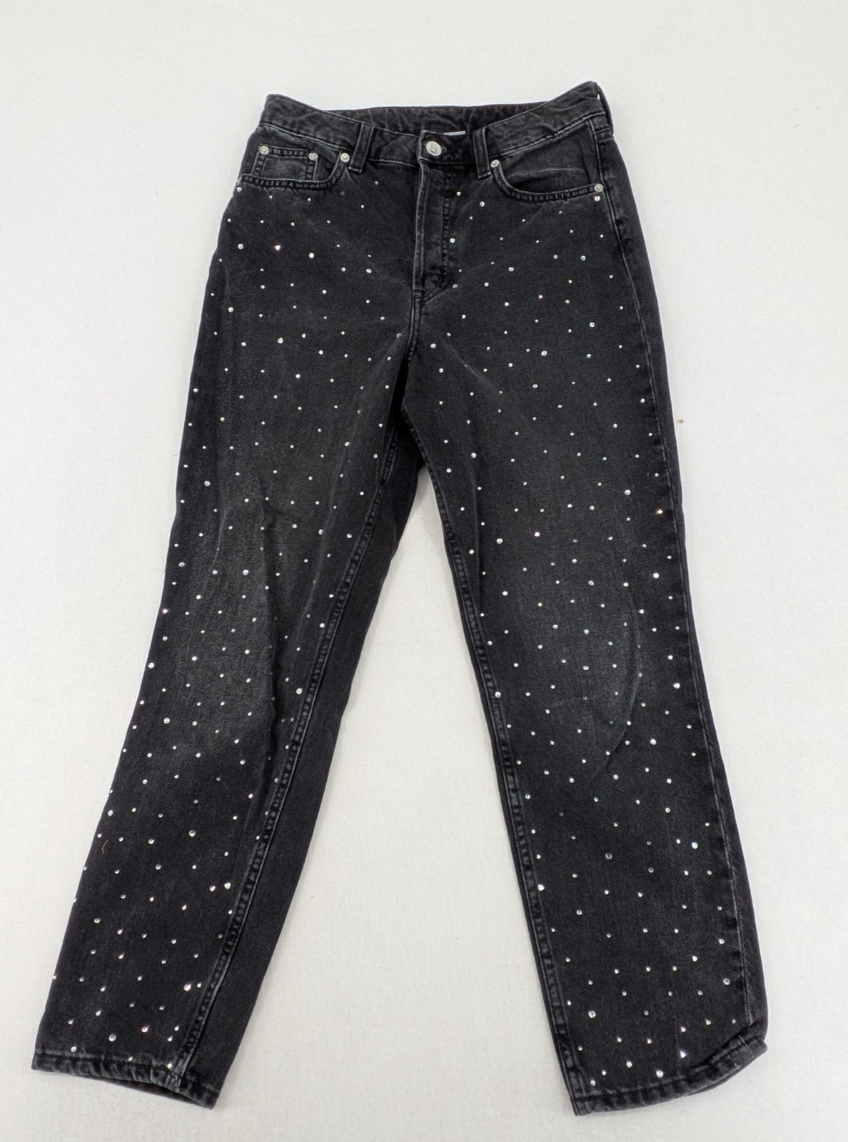 H&M Divided black straight jeans with allover rhinestone embellishments and classic five-pocket design.