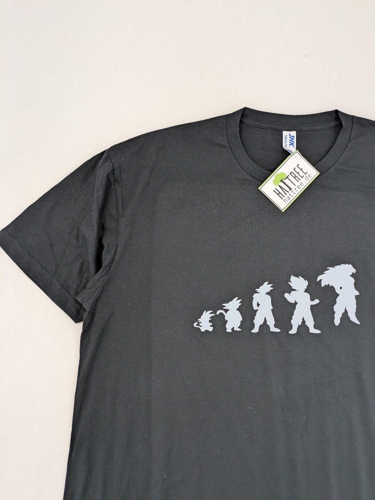 Dragon Ball Z blue and grey t-shirt featuring Son Goku evolution graphic, 100% cotton.