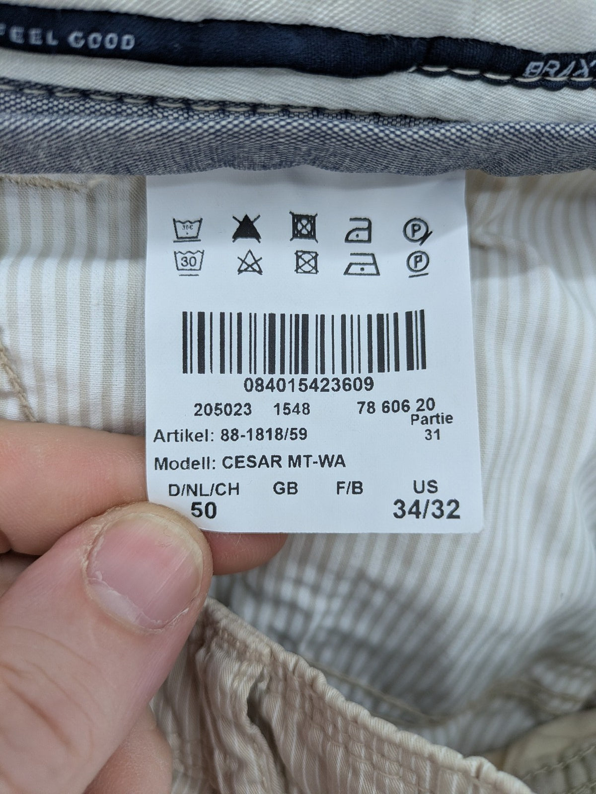 BRAX beige striped pants with logo, made from comfortable stretch cotton blend.