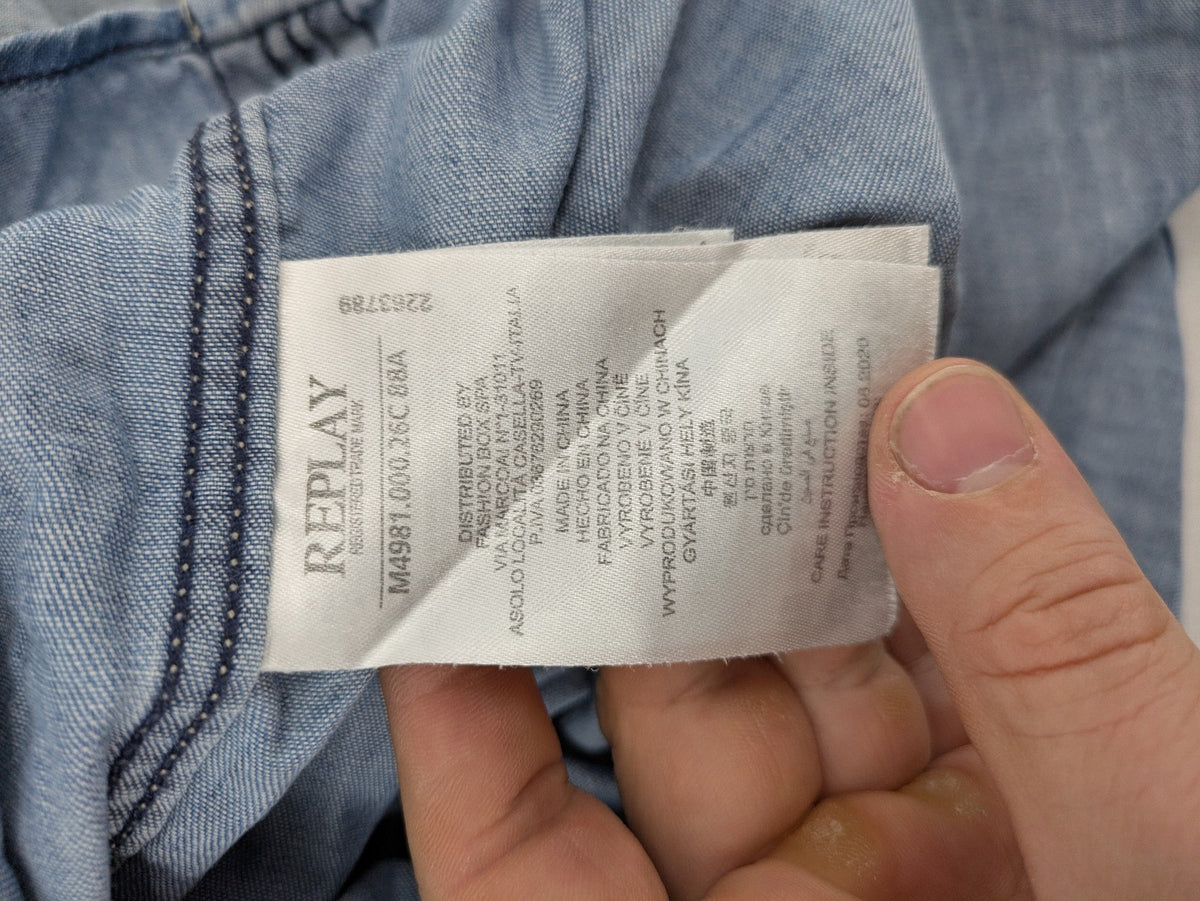 Replay denim western shirt light blue with pearl snap buttons and iconic yoke design.