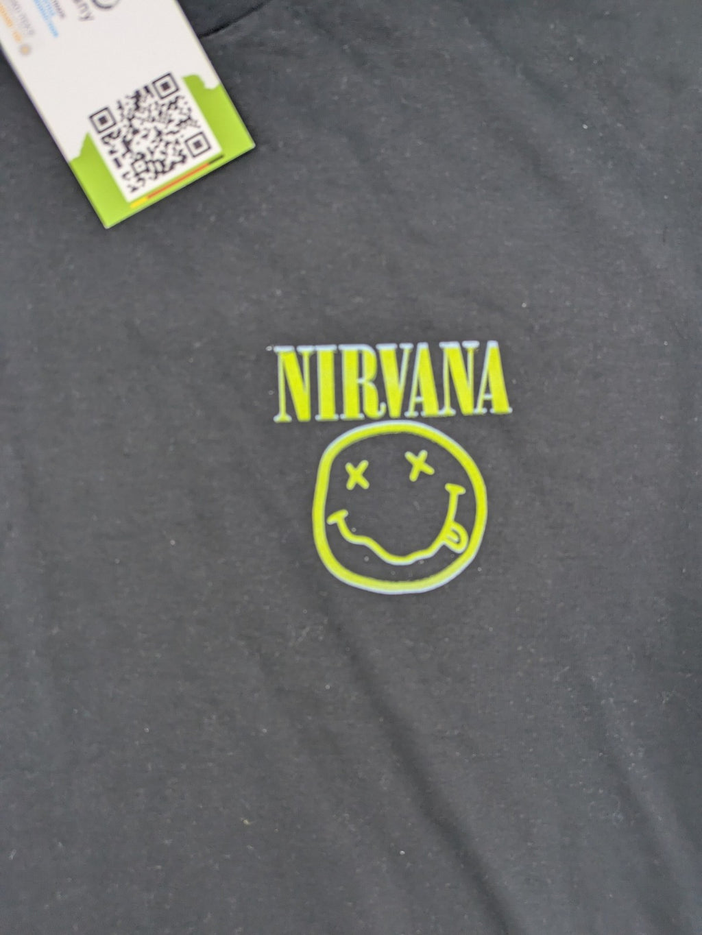 Bandshirt grey band t-shirt featuring yellow Nirvana smiley logo graphic, 100% cotton.