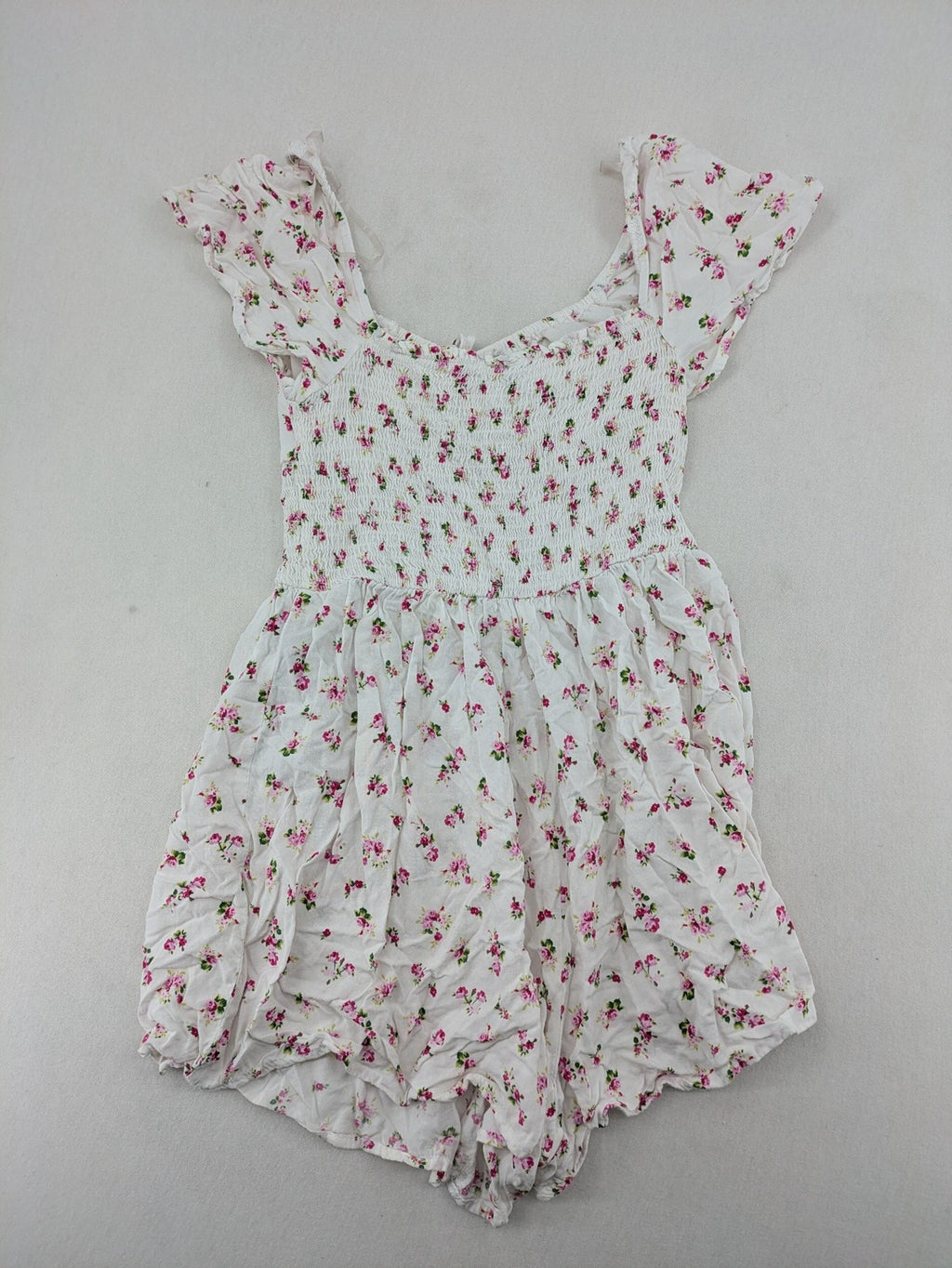 FB Sister floral playsuit white with pink flowers, smocked bodice, lightweight viscose material.