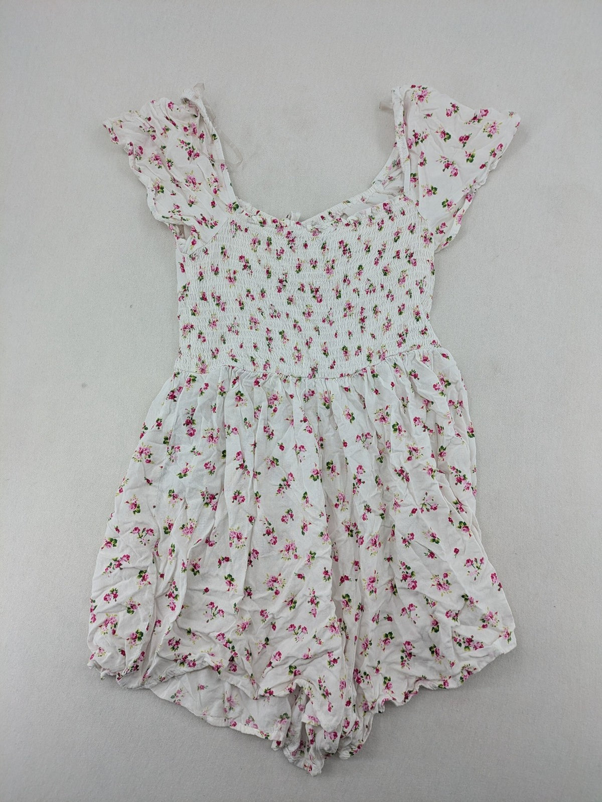 FB Sister floral playsuit white with pink flowers, smocked bodice, lightweight viscose material.