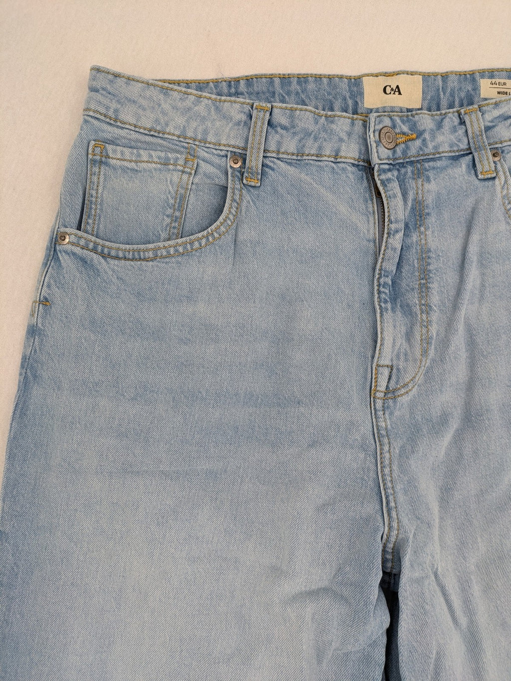 C&A blue wide leg jeans, classic five-pocket design, high rise denim, size EUR 44.