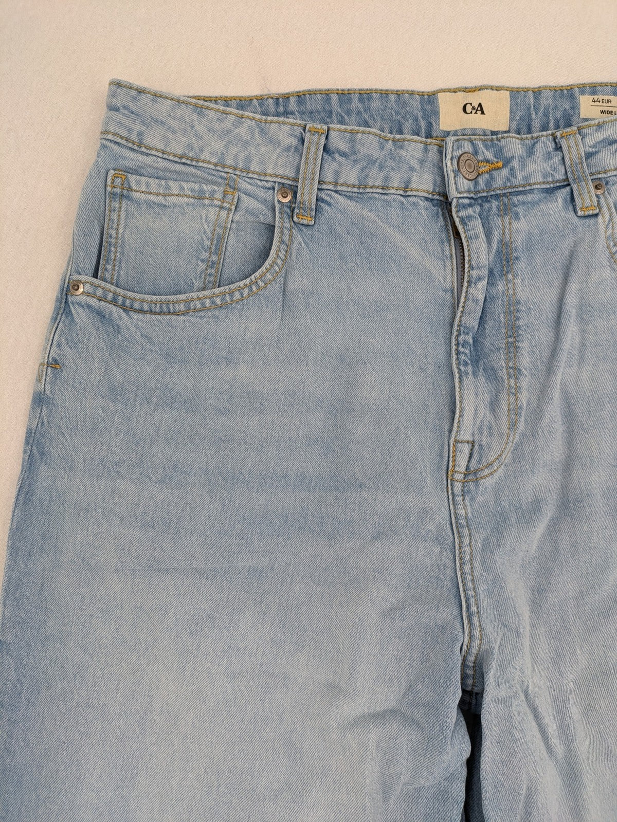 C&A blue wide leg jeans, classic five-pocket design, high rise denim, size EUR 44.